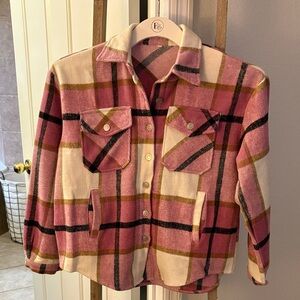Pink and Cream Plaid Button Down Shirt/Shacket